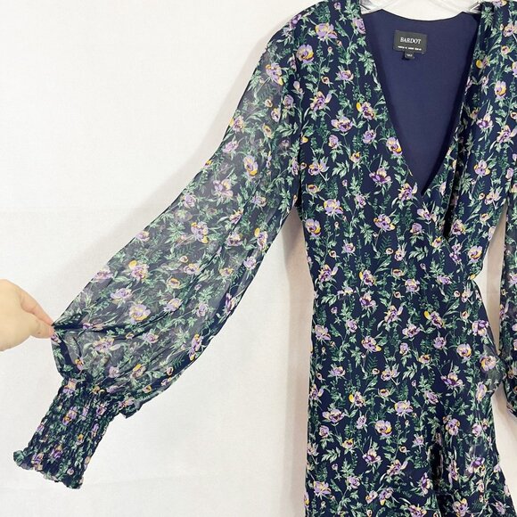 Bardot Miley Mini Floral Wrap Dress Long Sleeve Navy Feminine - Size US 8 Medium - Picture 3 of 6